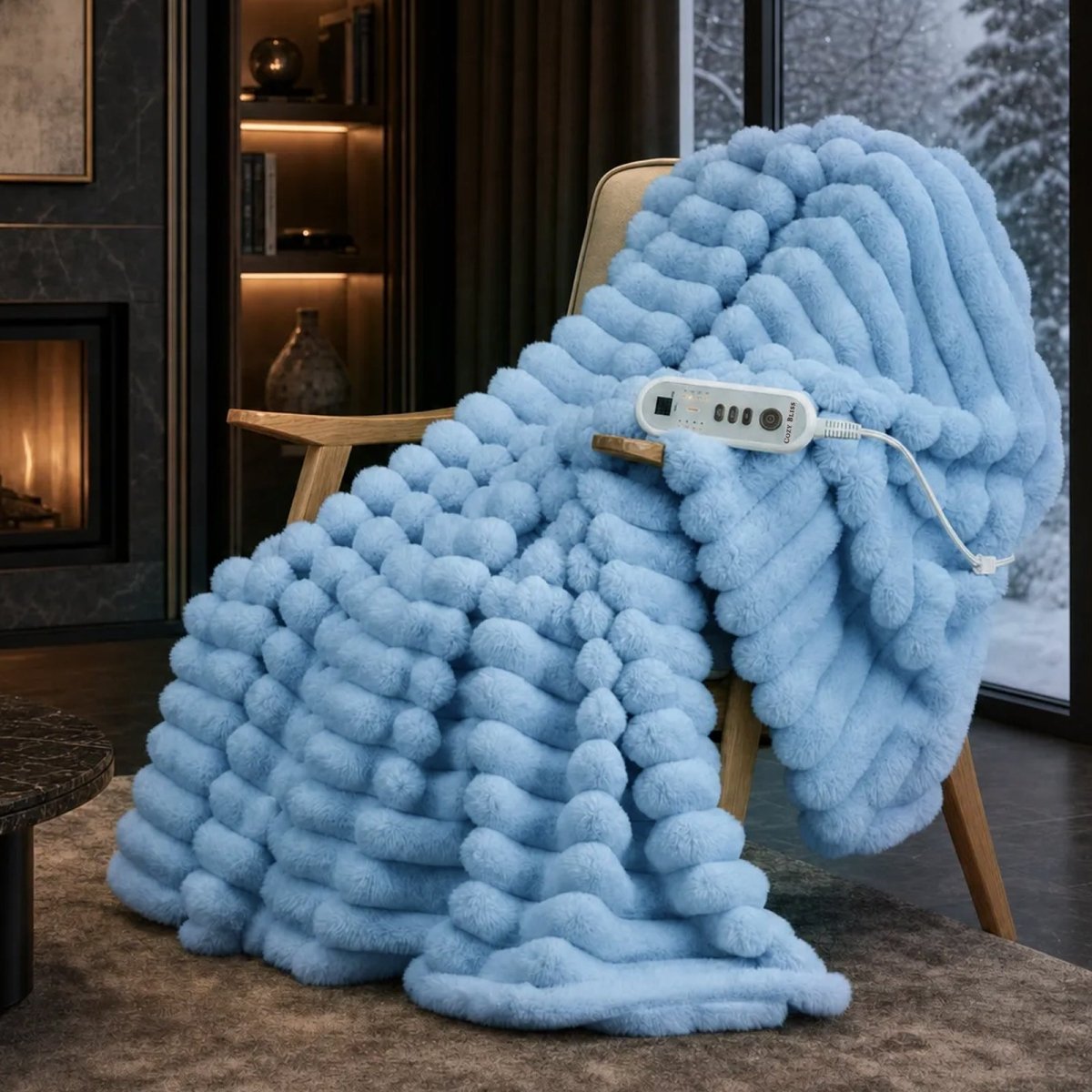 Cozy Bliss blue heated faux fur blanket draped over an armchair beside a home fireplace#color_Misty Blue