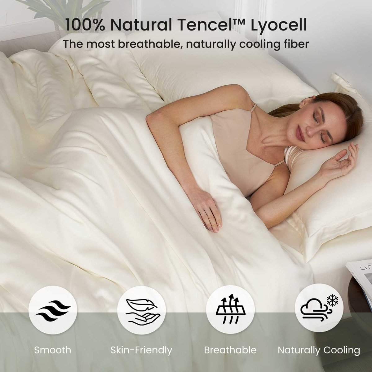 Adult sleeping under Cozy Bliss Tencel™ Eco-friendly Silky Duvet Cover Set, illustrating breathable and naturally cooling comfort. #color_Cream White