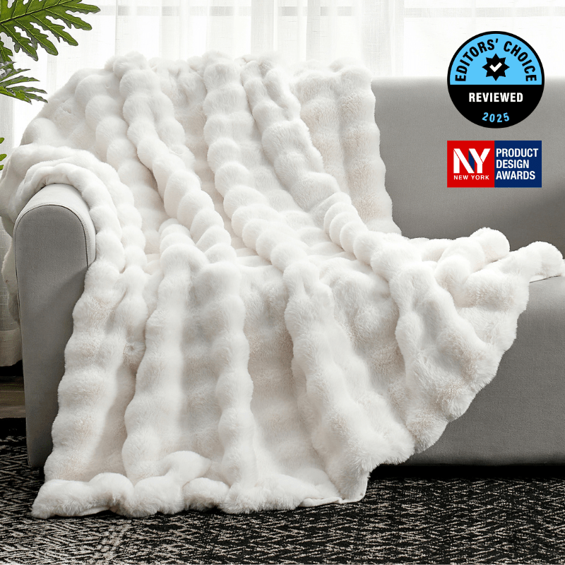 Cozy Bliss Luxurious Bubble Faux Fur Throw Blanket in cream white front view #color_Cream White