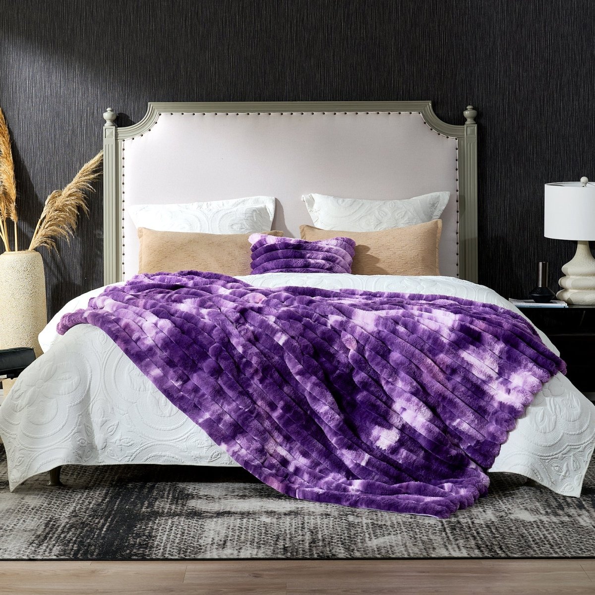 Purple tie-dye blanket and white pillows. #color_Tie-dye Purple