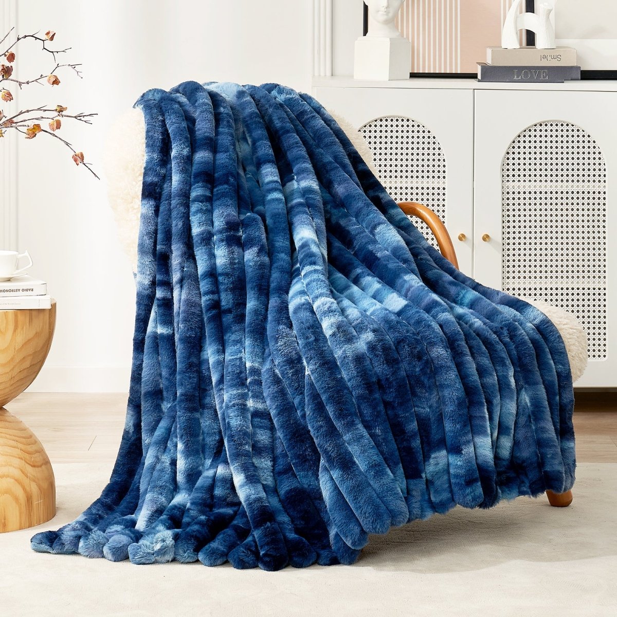Cozy Bliss Ultra Chunky Striped Faux Fur Throw Blanket in tie-dye blue front view. #color_Tie-dye Blue
