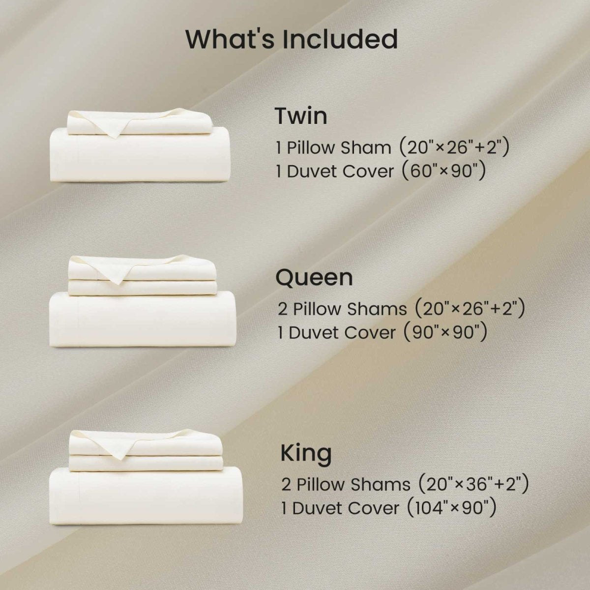 Cozy Bliss Tencel™ Eco-friendly Silky Duvet Cover Set size chart showing Twin, Queen, and King package contents.