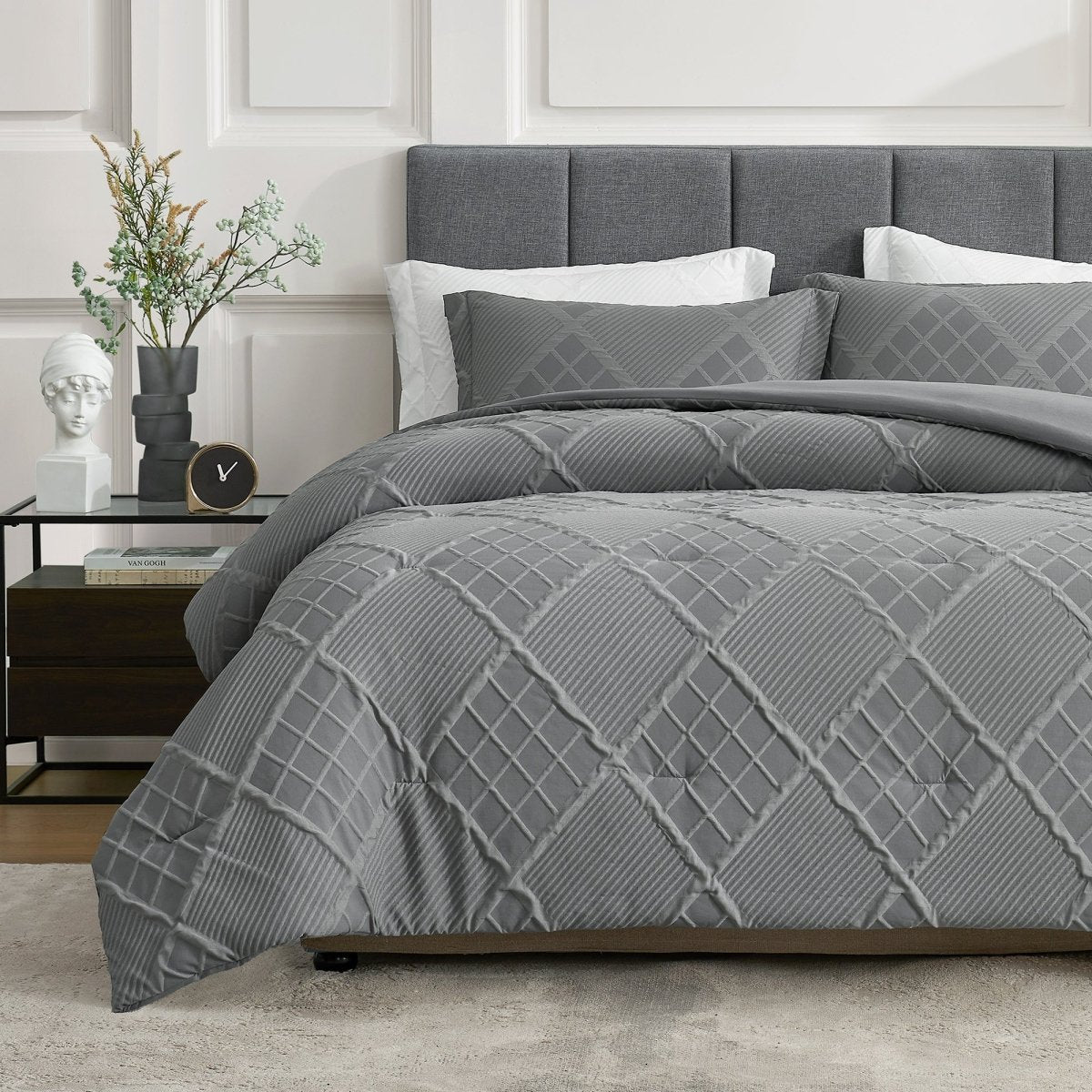 Cozy Bliss diamond jacquard comforter set styled on a modern upholstered bed with textured geometric stitching #color_Dark Grey