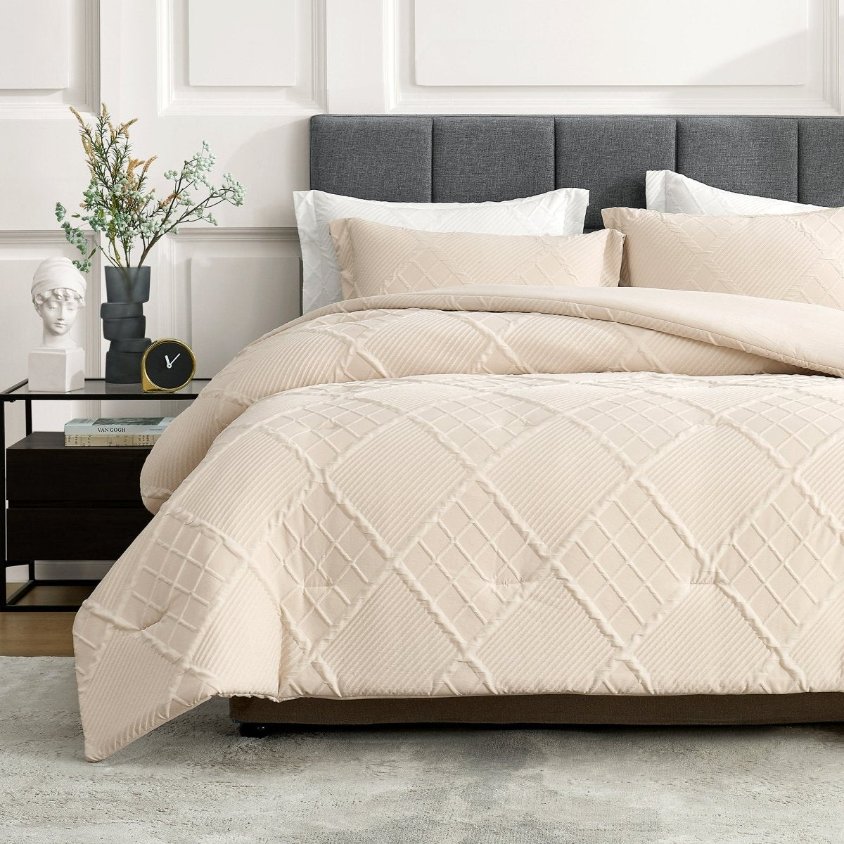 Cozy Bliss diamond jacquard comforter set styled on a modern upholstered bed with textured geometric stitching #color_Beige