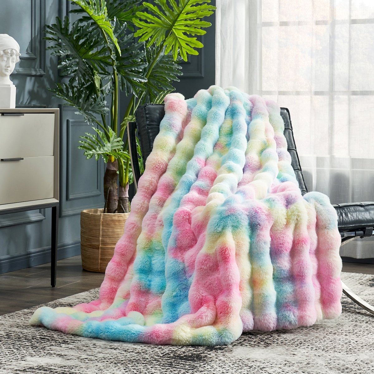 Cozy Bliss Luxurious Bubble Faux Fur Throw Blanket in tie-dye rainbow front view #color_Tie-dye Rainbow