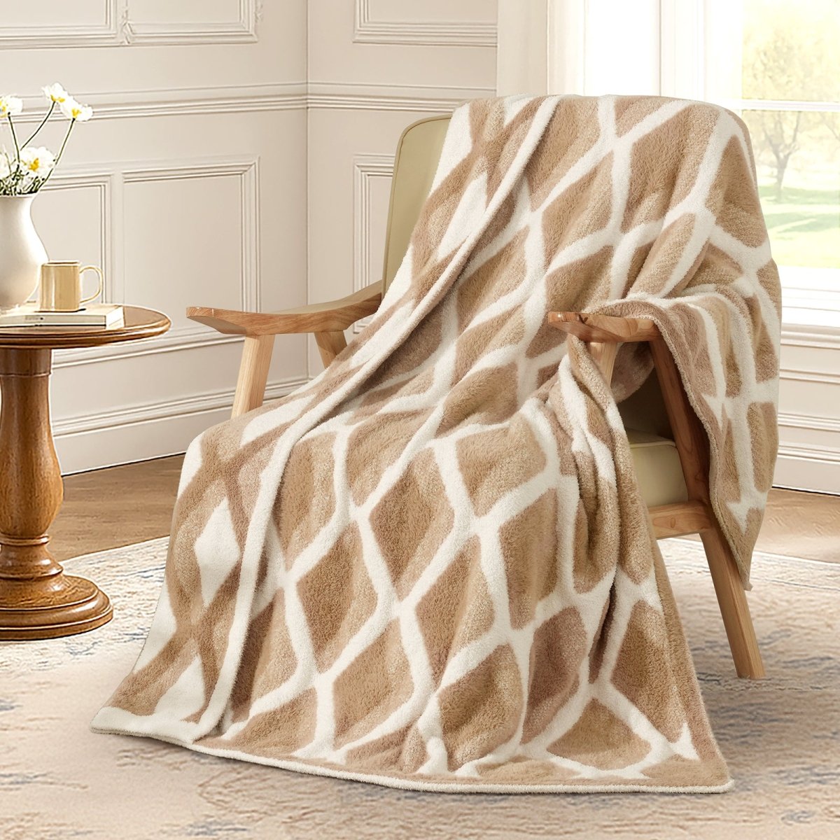Diamond Feather Yarn Throw Blanket in Beige draped over an armchair, showcasing soft feather yarn texture and diamond pattern design. #color_Beige