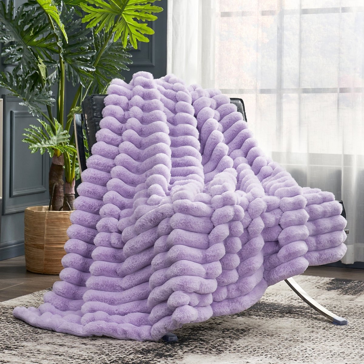 Cozy Bliss Ultra Chunky Striped Faux Fur Throw Blanket in purple front view. #color_Purple