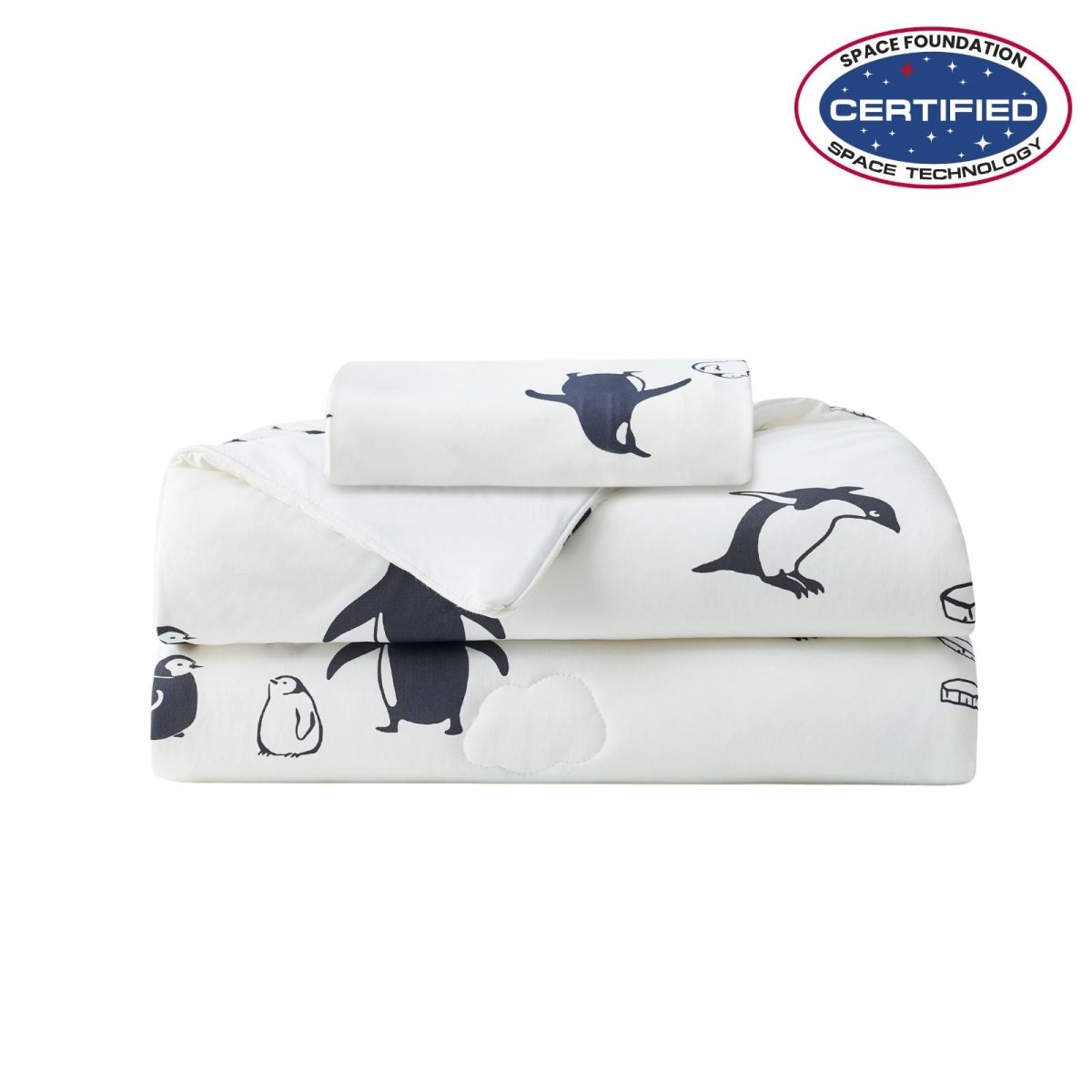 Folded White cooling comforter with penguin pattern on a white background, featuring Space Foundation and Sleep Score certification.#color_Antarctic Penguin