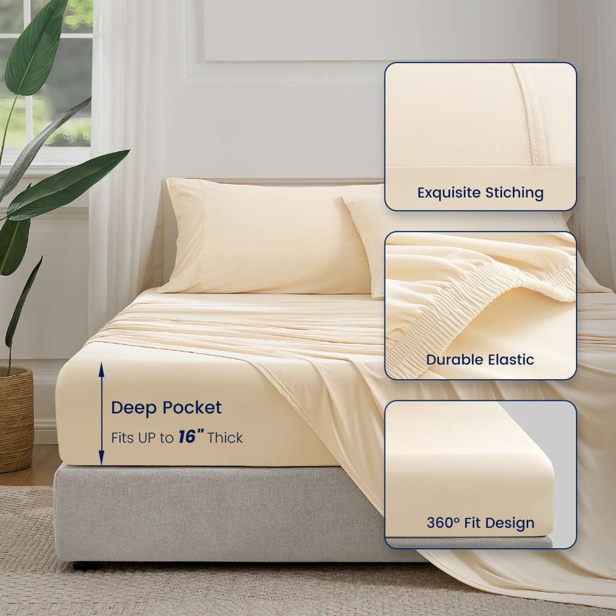 Cozy Bliss Outlast® Performance Cooling Sheet Set fitted on a mattress, highlighting deep pockets up to 16 inches and a 360-degree fit. #color_Beige