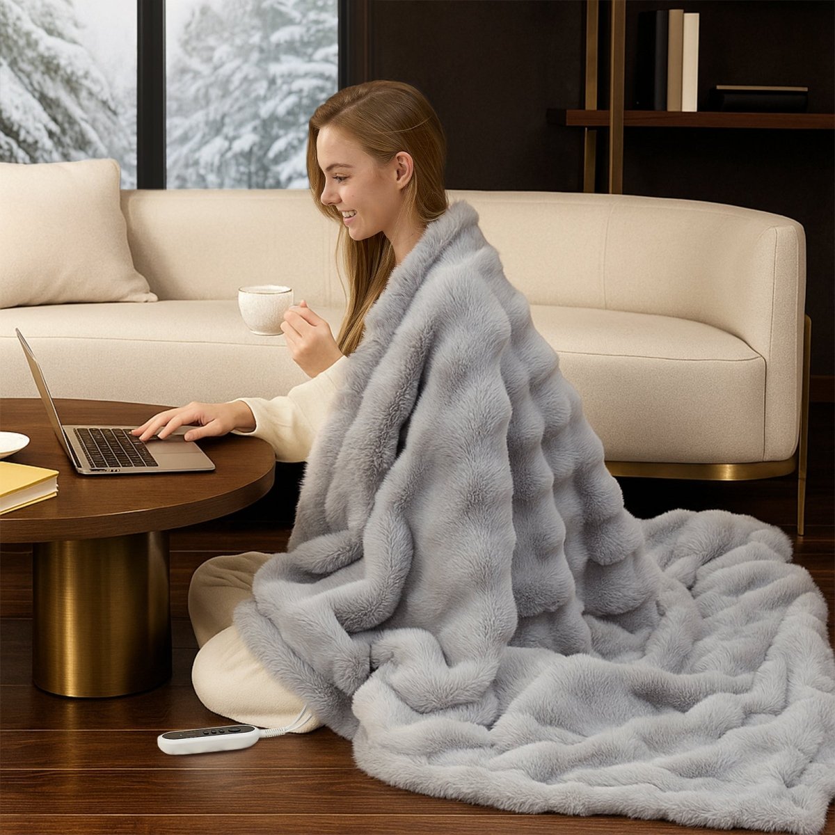 Woman sitting on the floor with a grey fuzzy heated electric blanket wrapped around her, using a laptop. #color_Light Grey