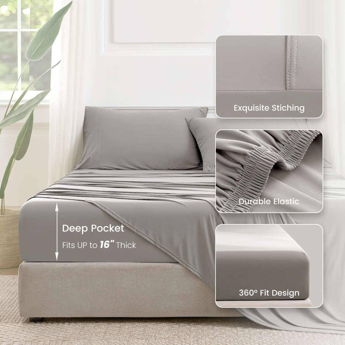 Cozy Bliss Outlast® Performance Cooling Sheet Set fitted on a mattress, highlighting deep pockets up to 16 inches and a 360-degree fit. #color_Grey