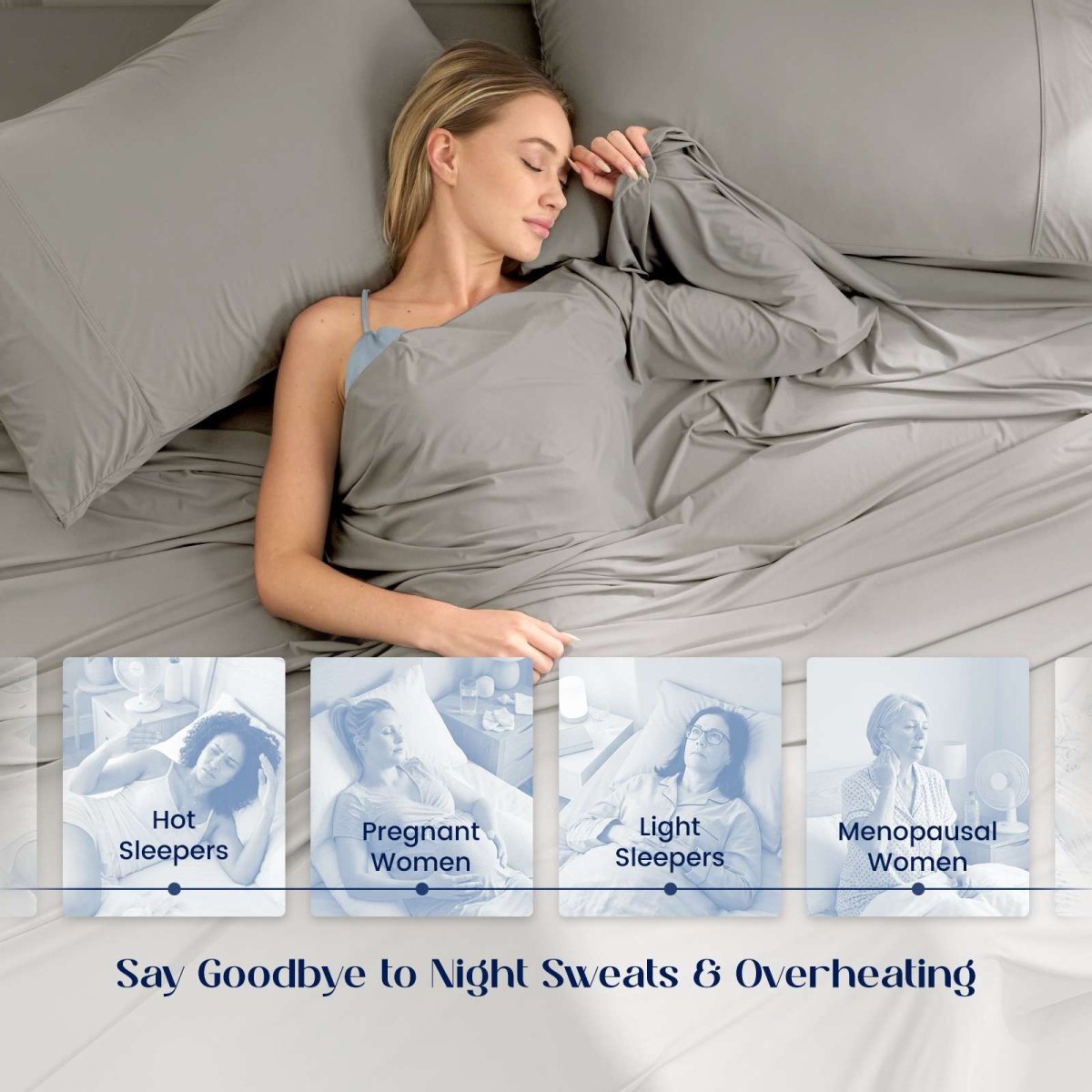 Adult resting on Outlast® Performance Cooling Sheet Set, illustrating cooling comfort and temperature adaptation during sleep. #color_Grey