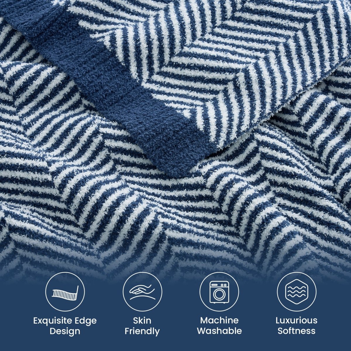 Close-up detail of the herringbone feather yarn knit texture with exquisite edge design #color_Navy Blue