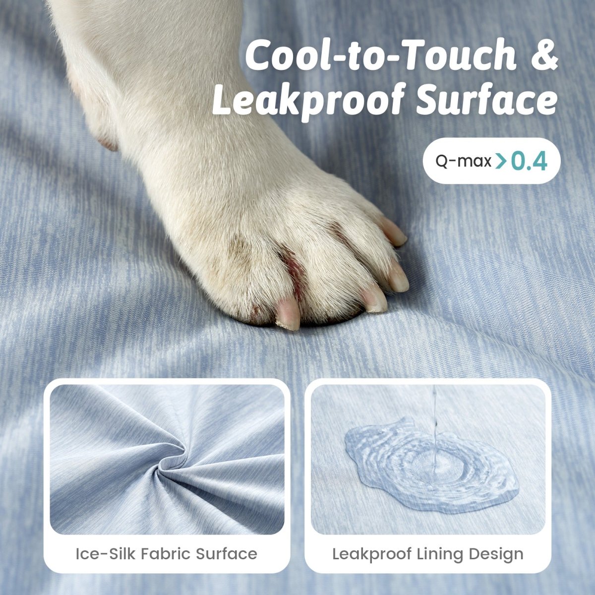 Dog paw on a textured surface with text about cool-to-touch and leakproof design.#color_Cool Blue
