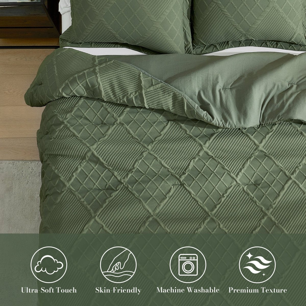 Top-down view of the ultra-soft diamond jacquard comforter with skin-friendly and machine washable fabric #color_Oliver Green
