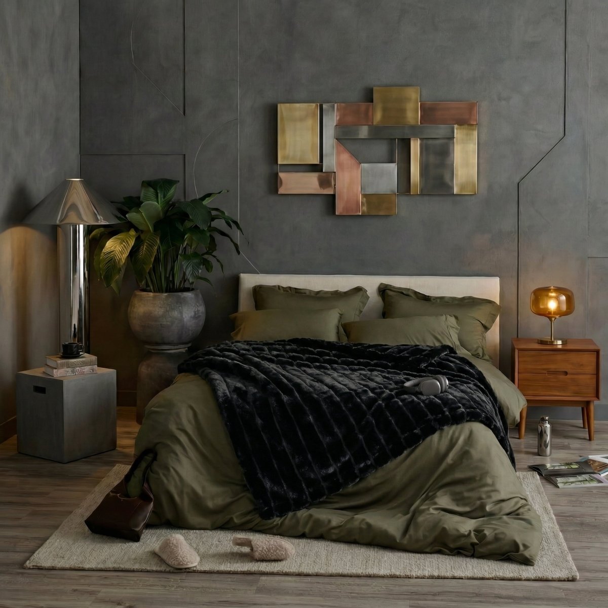 Cozy Bliss sheared faux fur throw blanket layered across the bed in a bold modern display #color_Black