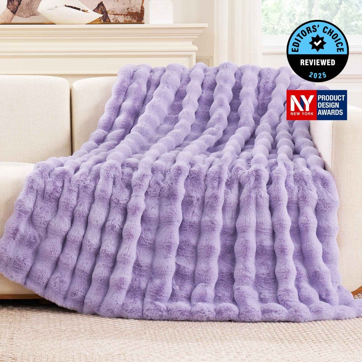 Cozy Bliss Luxurious Bubble Faux Fur Throw Blanket in purple front view #color_Purple
