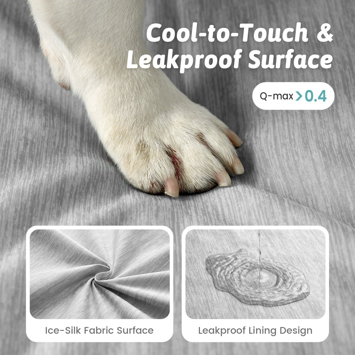 Dog paw on a textured surface with text about cool-to-touch and leakproof design.#color_Light Grey