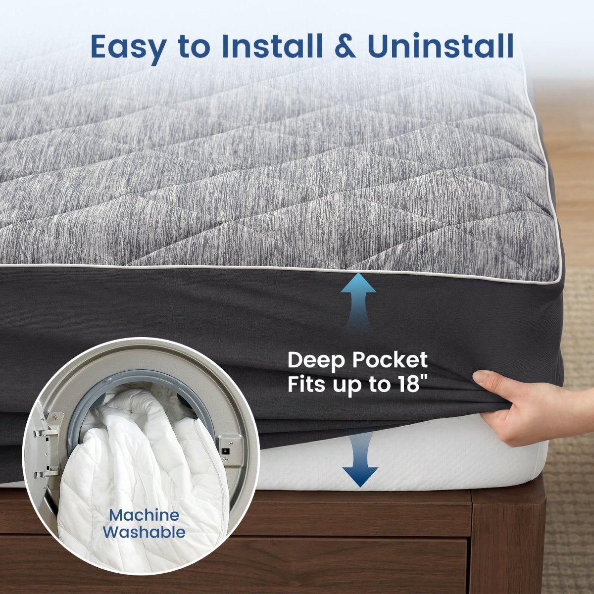 Mattress protector with deep pocket feature and machine washable indicator on a bed. #color_Grey