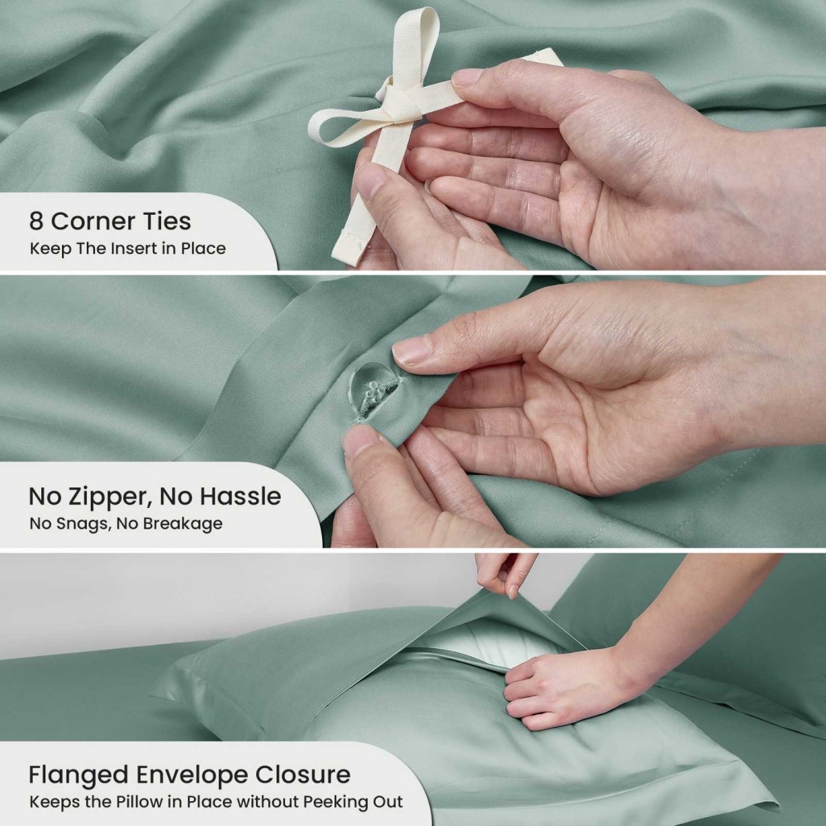 Feature overview of Cozy Bliss Tencel™ Eco-friendly Silky Duvet Cover Set, showing corner ties, button closure, and pillow sham design. #color_Sage Green