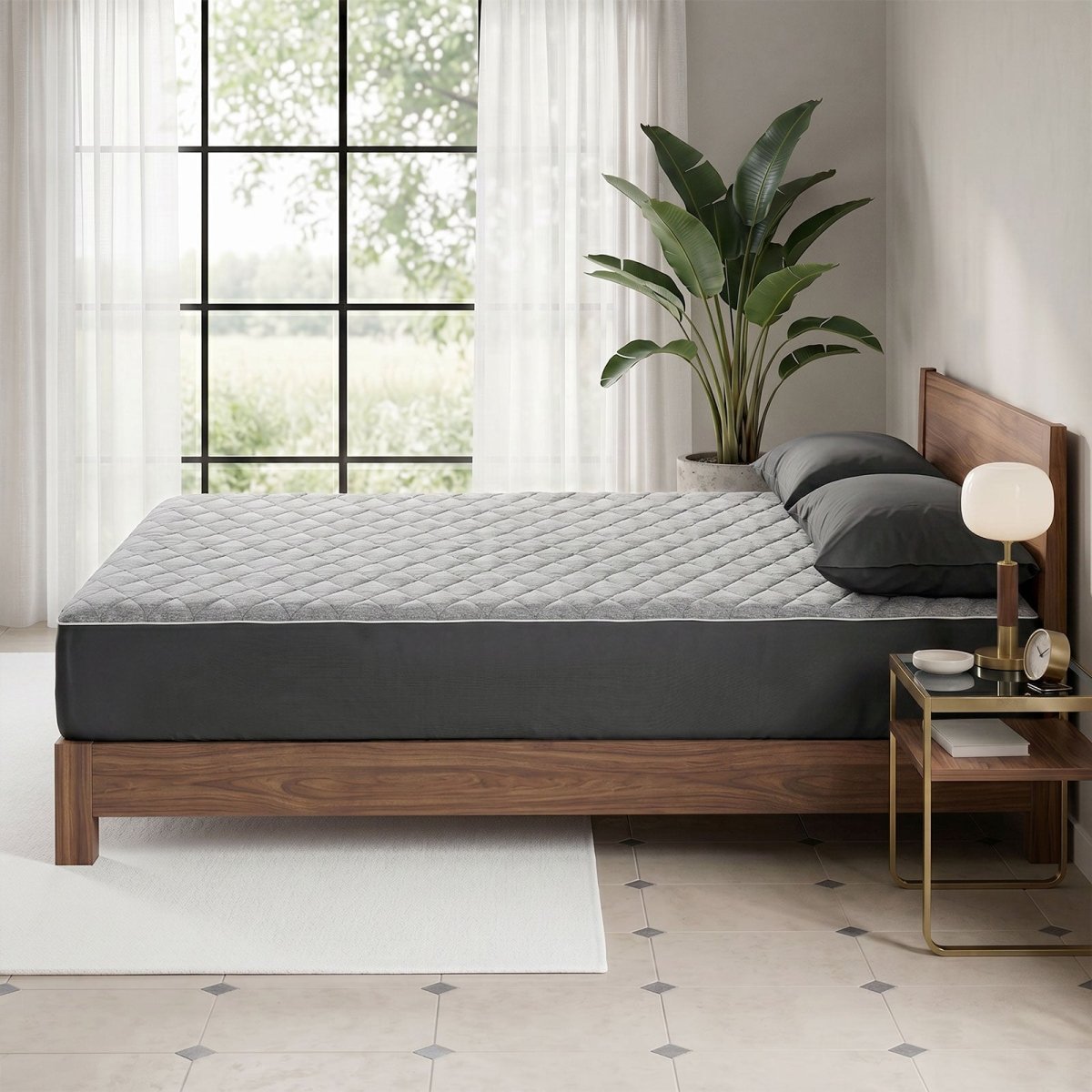 Cozy Bliss off-white cooling mattress protector and matching pillows in a bright, modern bedroom in side view.#color_Grey