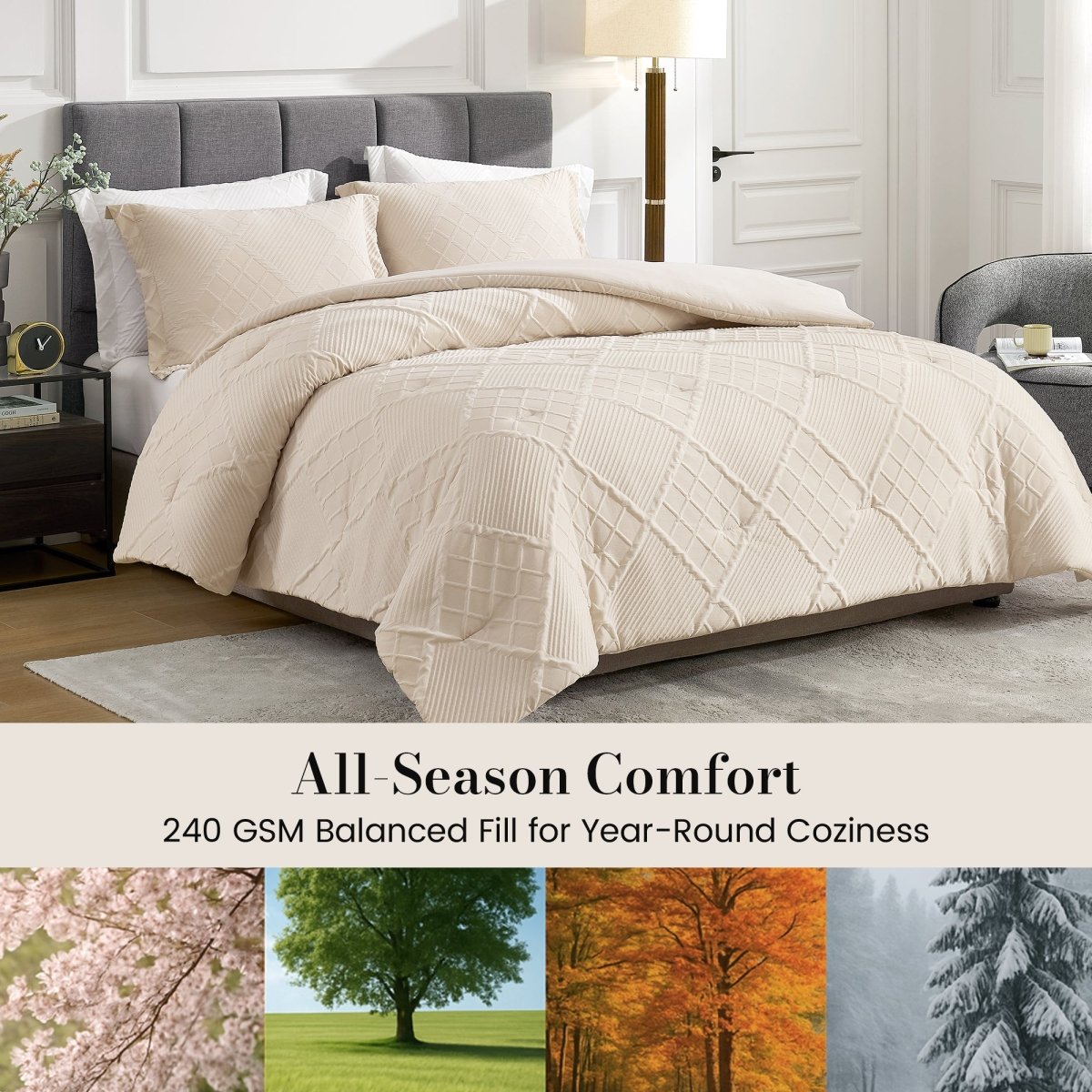 All-season diamond jacquard down comforter set with 240 GSM balanced fill for year-round comfort #color_Beige