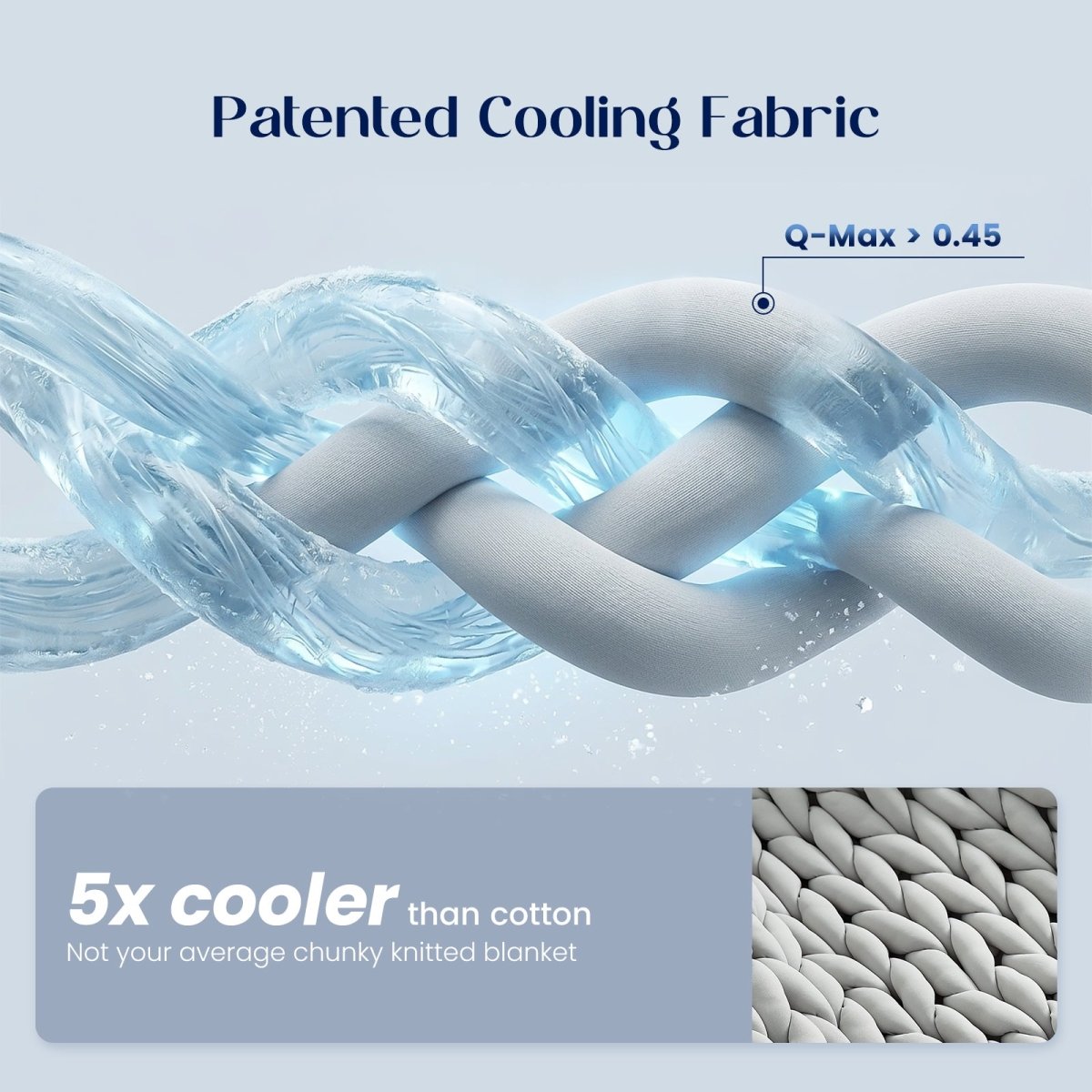 Graphic illustration showing patented cooling fabric construction with stated Q-Max value greater than 0.45. #color_Light Grey