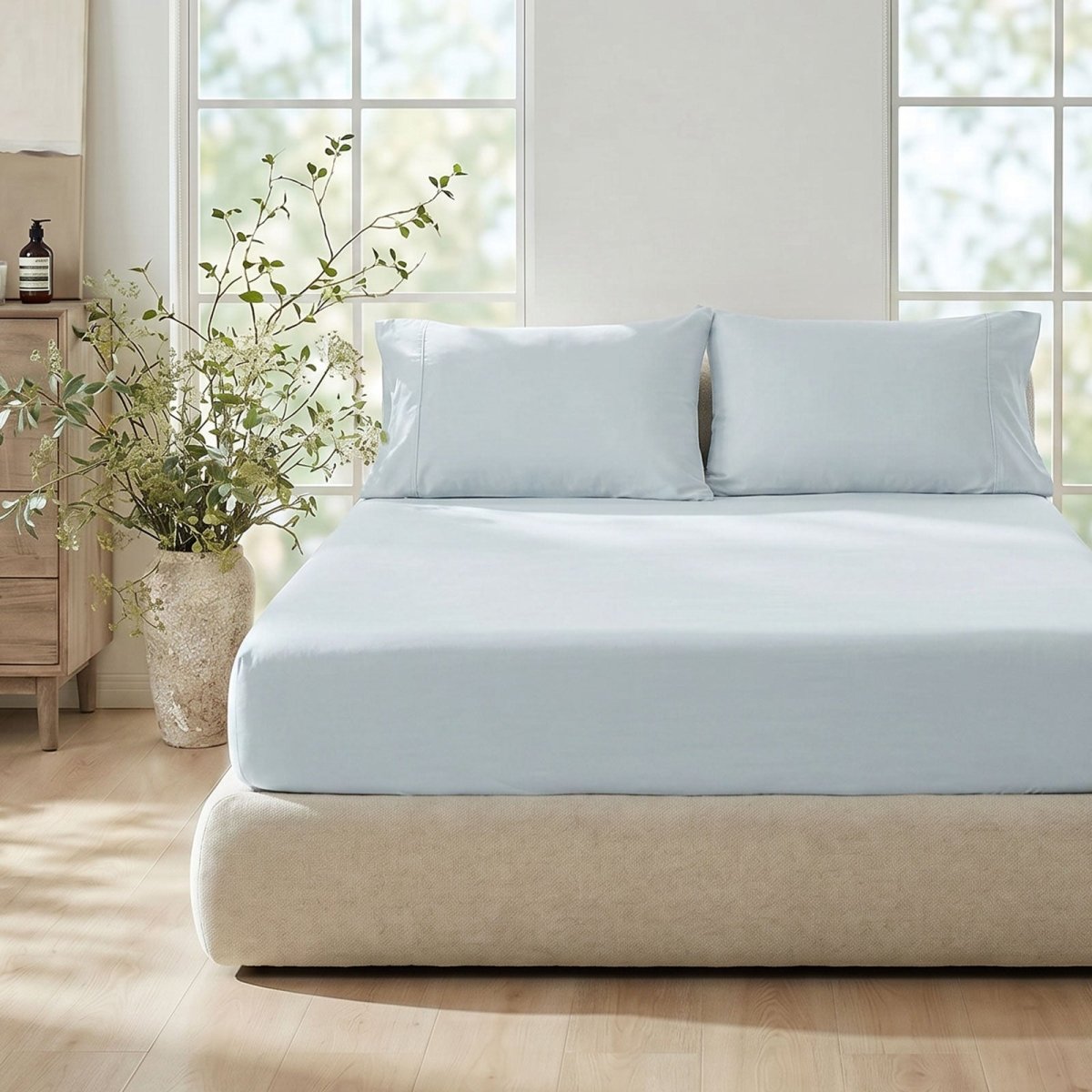 Cozy Bliss cooling fitted sheet set with pillowcases front view. #Color_Cool Blue