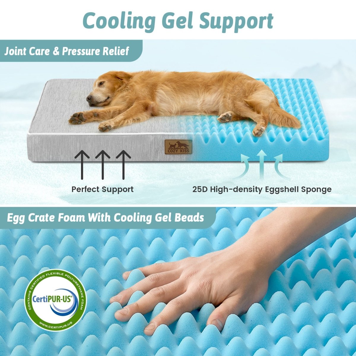 Dog lying on a cooling gel support pad with text highlighting features like joint care, pressure relief, and CertiPUR-US certification.#color_Light Grey