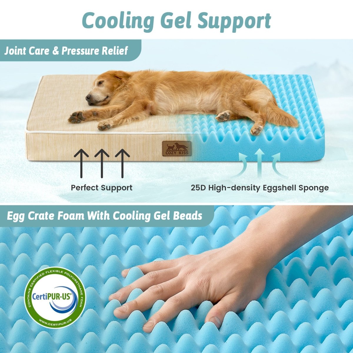 Dog lying on a cooling gel support pad with text highlighting features like joint care, pressure relief, and CertiPUR-US certification.#color_Beige