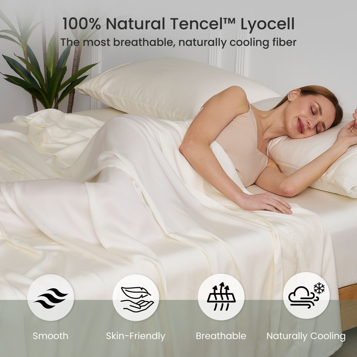 Adult sleeping on Cozy Bliss Tencel™ Eco-friendly Silky Sheet Set, illustrating breathable, skin-friendly, naturally cooling comfort. #color_Cream White