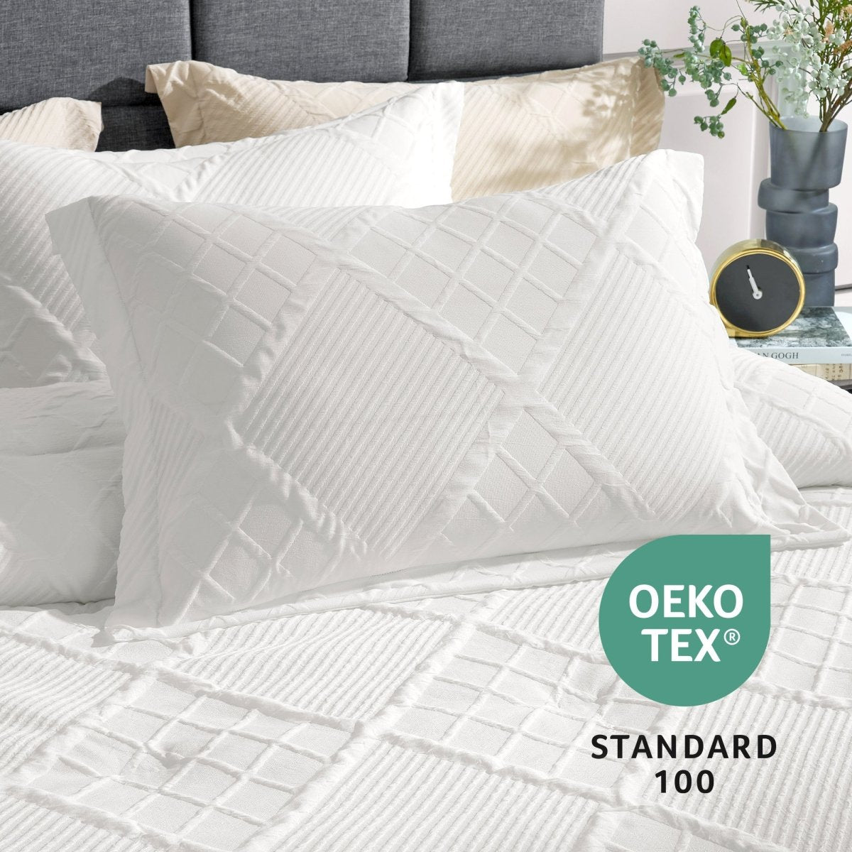 Close-up of the diamond jacquard pillow sham with OEKO-TEX STANDARD 100 certification detail #color_Off White