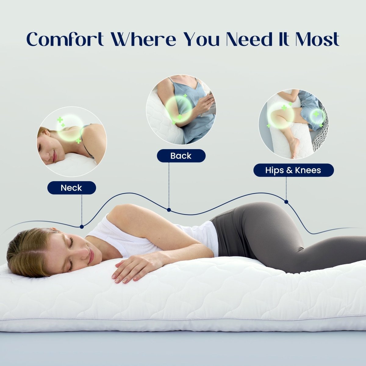 Cooling body pillow's elongated design with memory foam fill supports your body from shoulders to legs, easing pressure on the neck, back, hips, and knees. #color_White