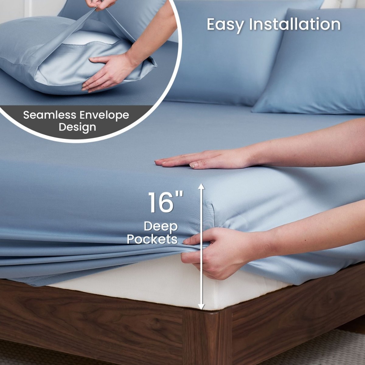 Close-up of hands fitting Cozy Bliss Tencel™ Eco-friendly Silky Sheet Set onto a mattress, showing 16-inch deep pocket design. #color_Dark Blue