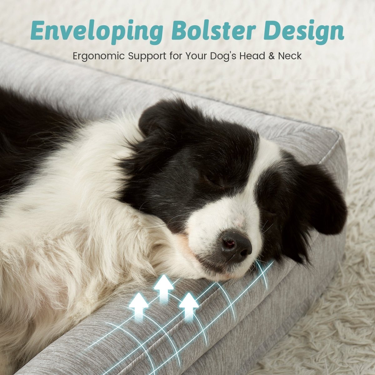 Dog resting on a gray Dog Bed with text about ergonomic support#color_Grey