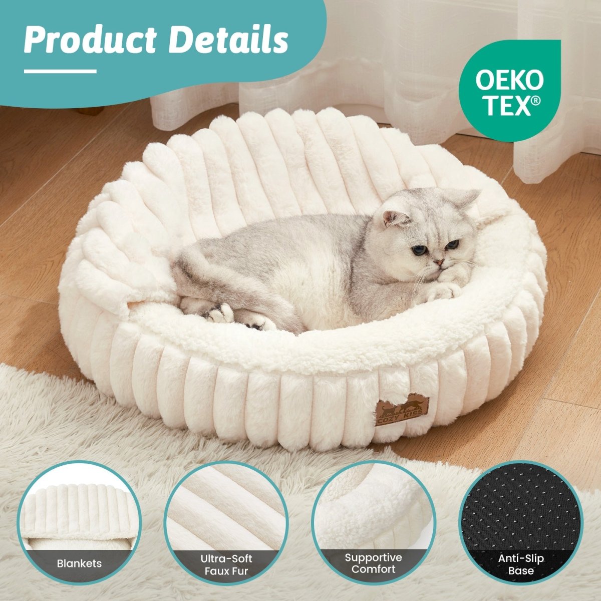White pet bed with a cat inside, featuring OEKO-TEX certification, soft faux fur fabric and anti-slip base.#color_Cream White