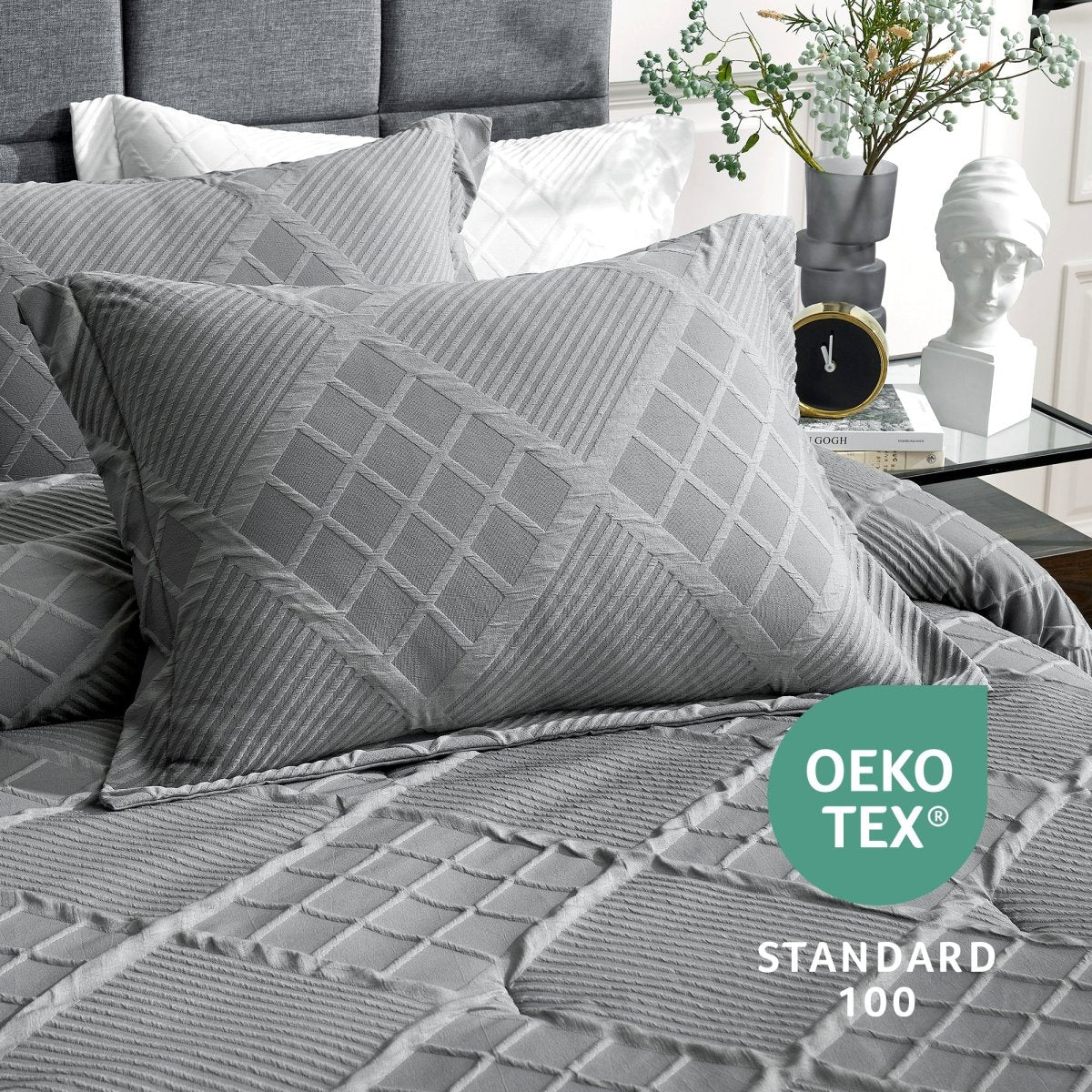 Close-up of the diamond jacquard pillow sham with OEKO-TEX STANDARD 100 certification detail #color_Dark Grey