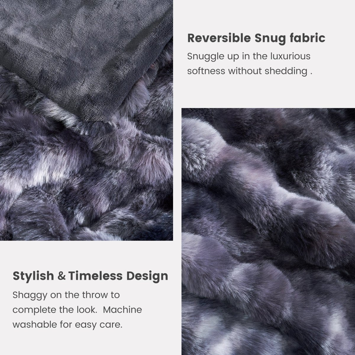 Close-up of Cozy Bliss tie-dye black faux fur blanket reversible snug fabric #color_Tie-dye Black