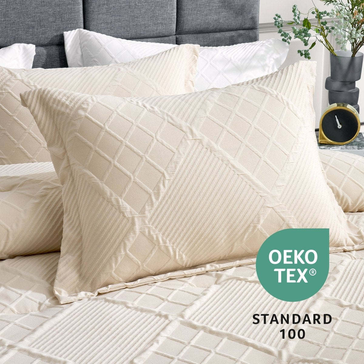 Close-up of the diamond jacquard pillow sham with OEKO-TEX STANDARD 100 certification detail #color_Beige