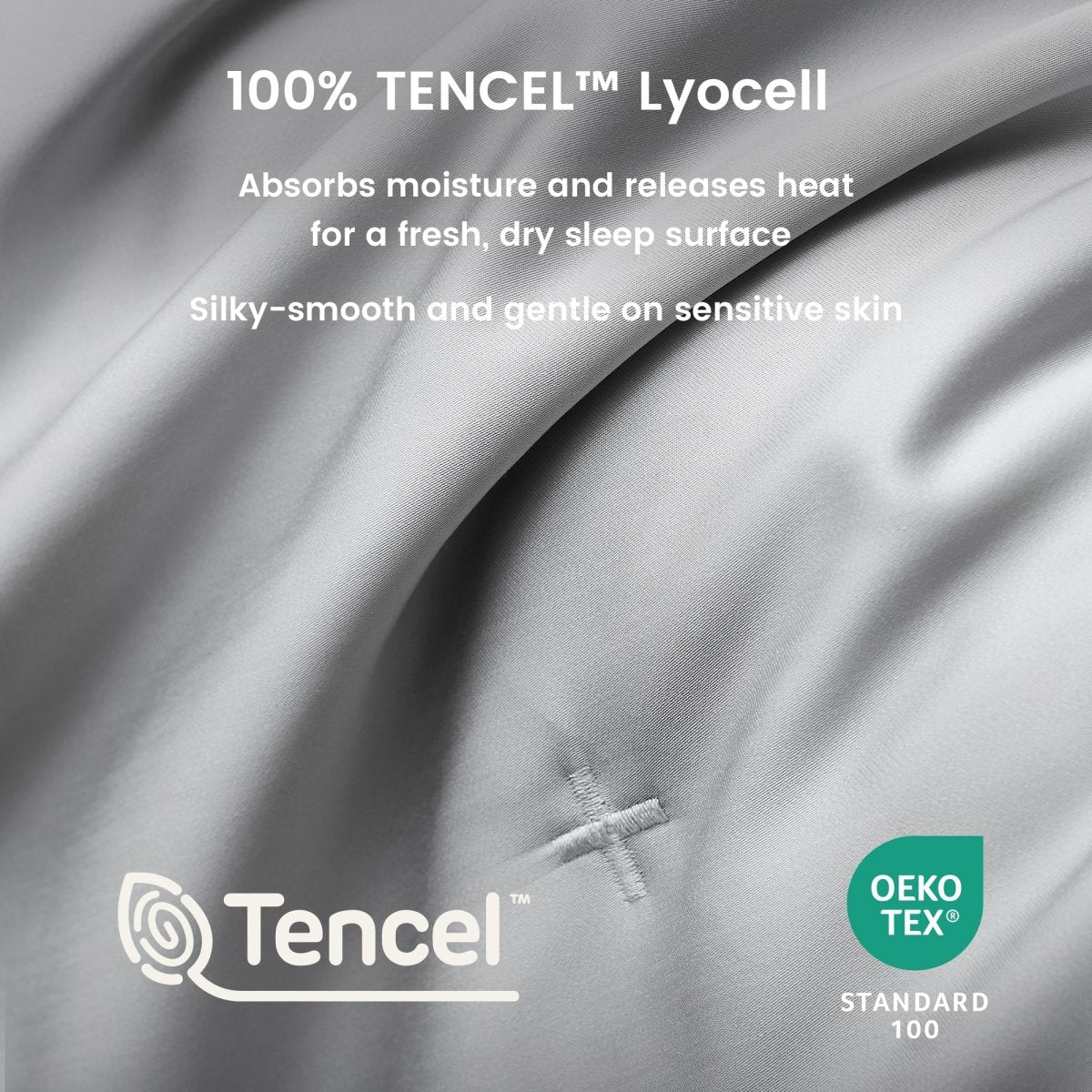 Close up of silky smooth Tencel™ lyocell cooling fabric with OKEO-TEX Standard 100 certification.#Color_Grey