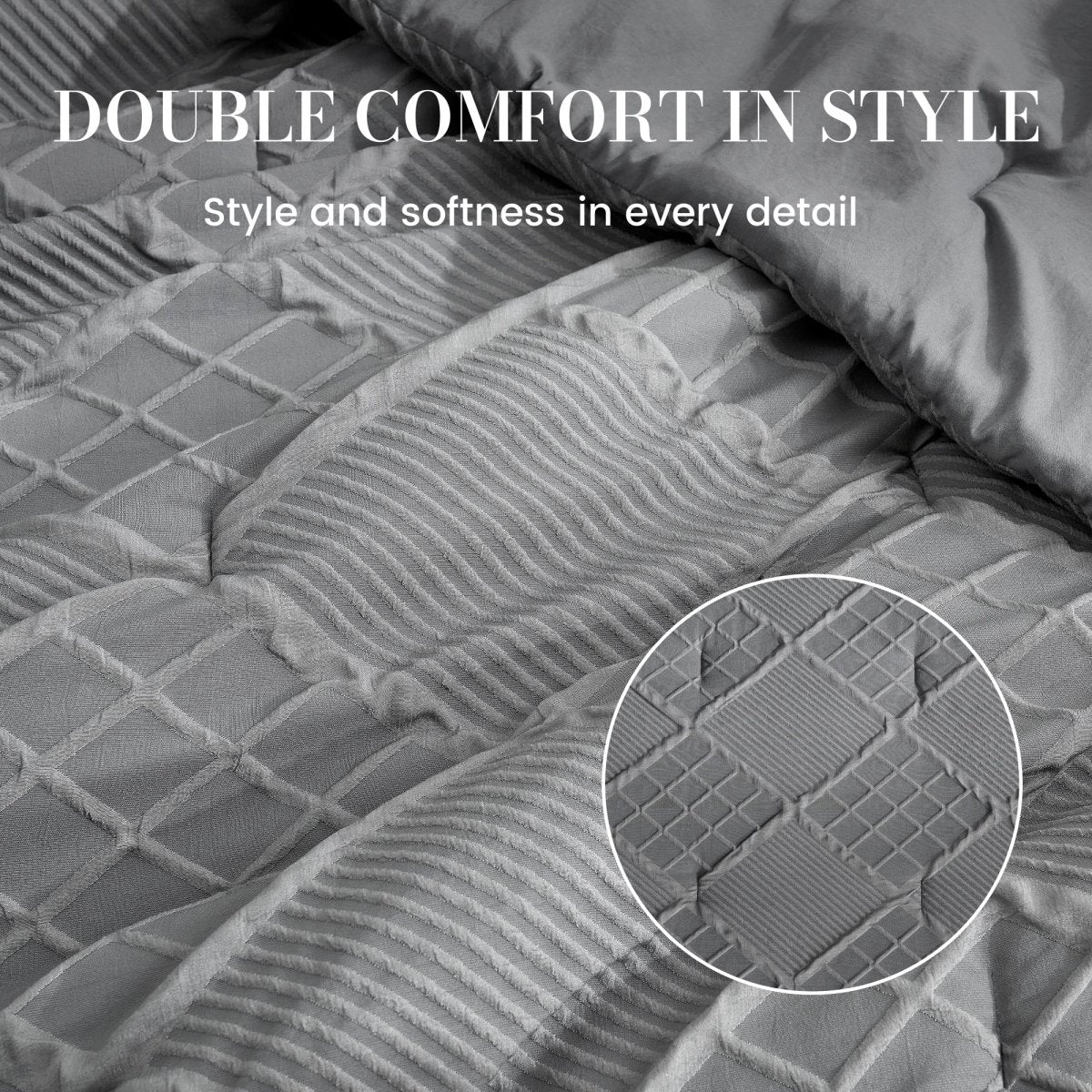 Soft textured diamond jacquard comforter detail with elegant geometric pattern and premium finish #color_Dark Grey