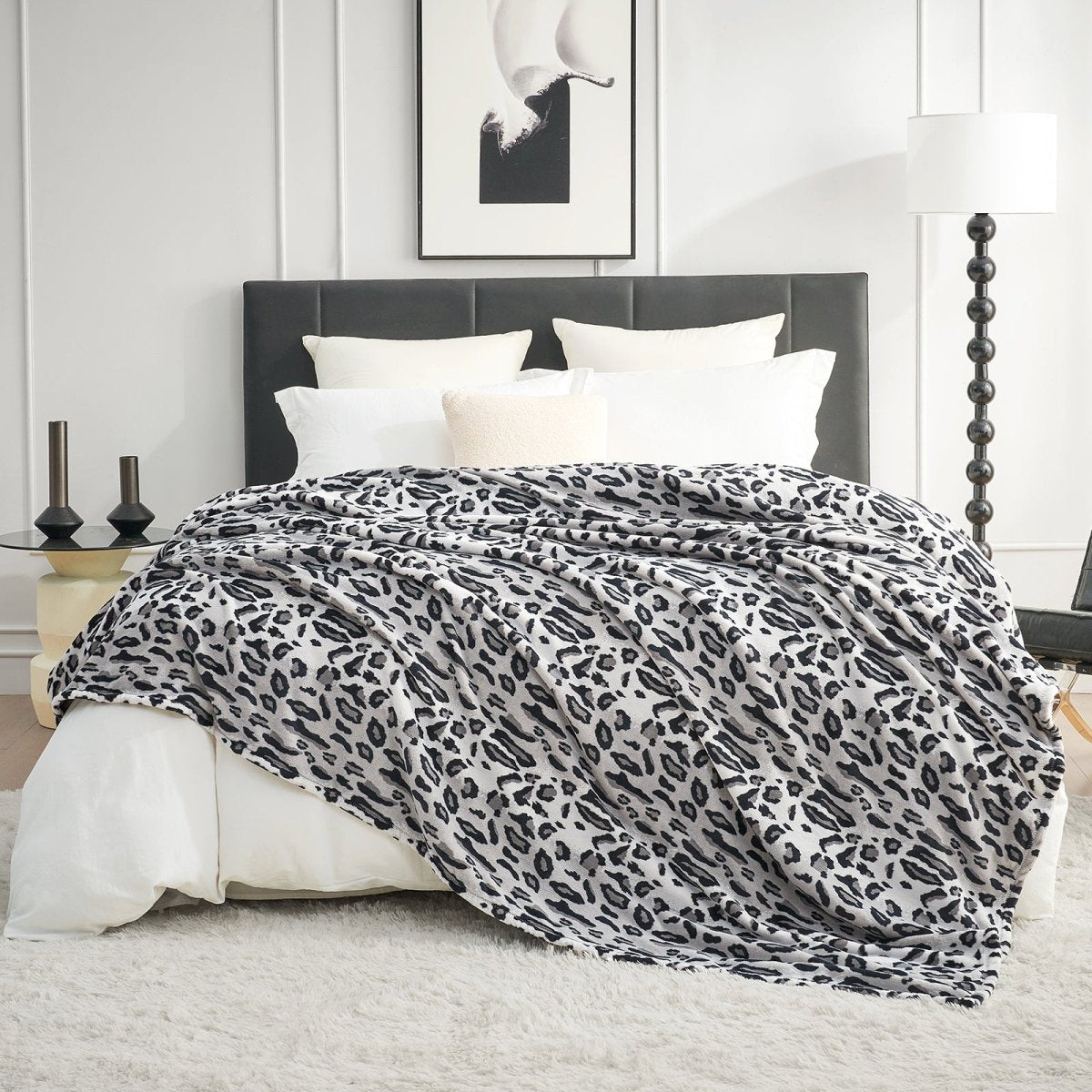 Leopard print blanket on bed, creating a cozy bedroom aesthetic #color_Snow Leopard