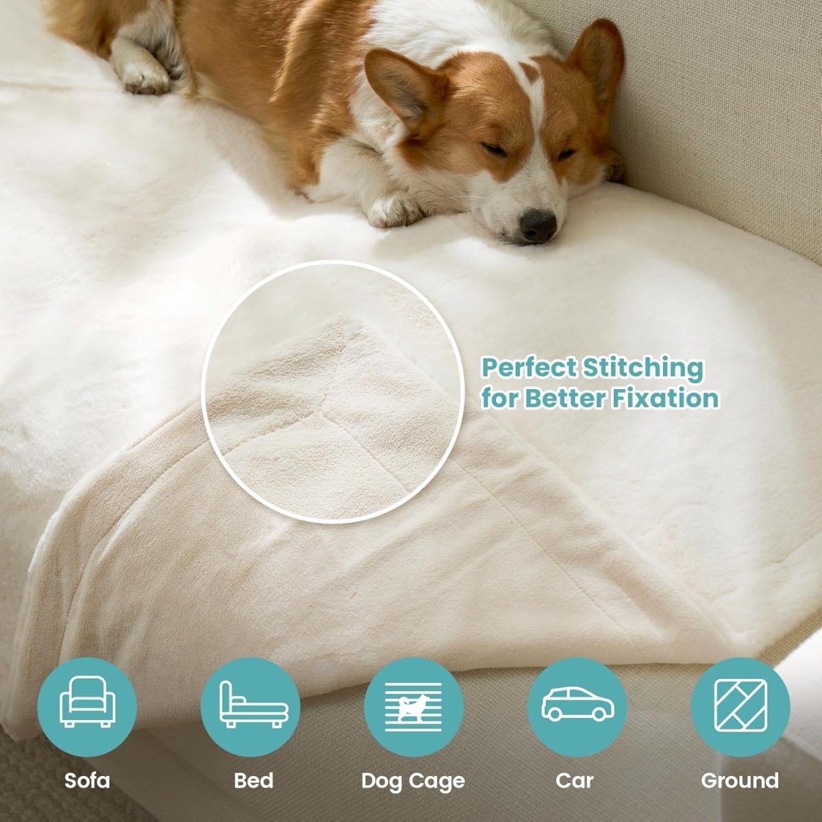 Details of leakproof faux fur pet blanket with durable stitching for better fixation, suitable for sofa, bed, cage, car and ground. #color_Cream White