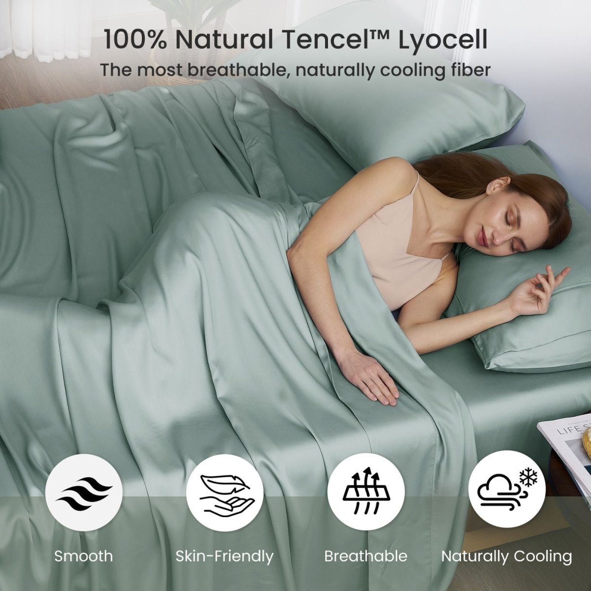 Adult sleeping on Cozy Bliss Tencel™ Eco-friendly Silky Sheet Set, illustrating breathable, skin-friendly, naturally cooling comfort. #color_Sage Green