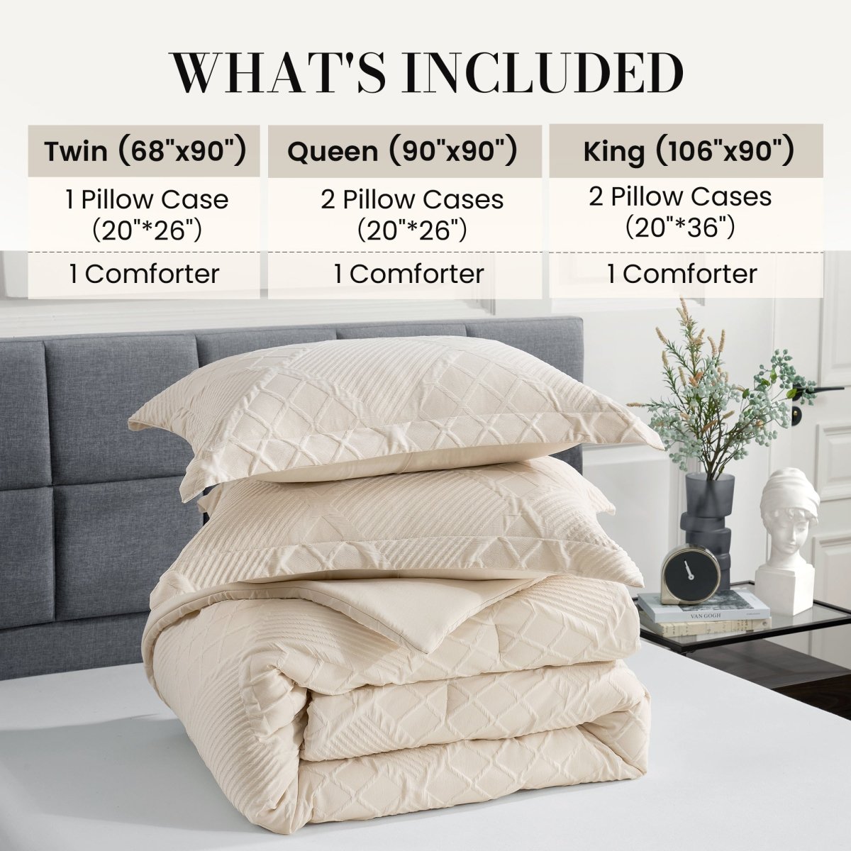 Folded diamond jacquard down comforter set with pillow shams and size inclusion guide #color_Beige