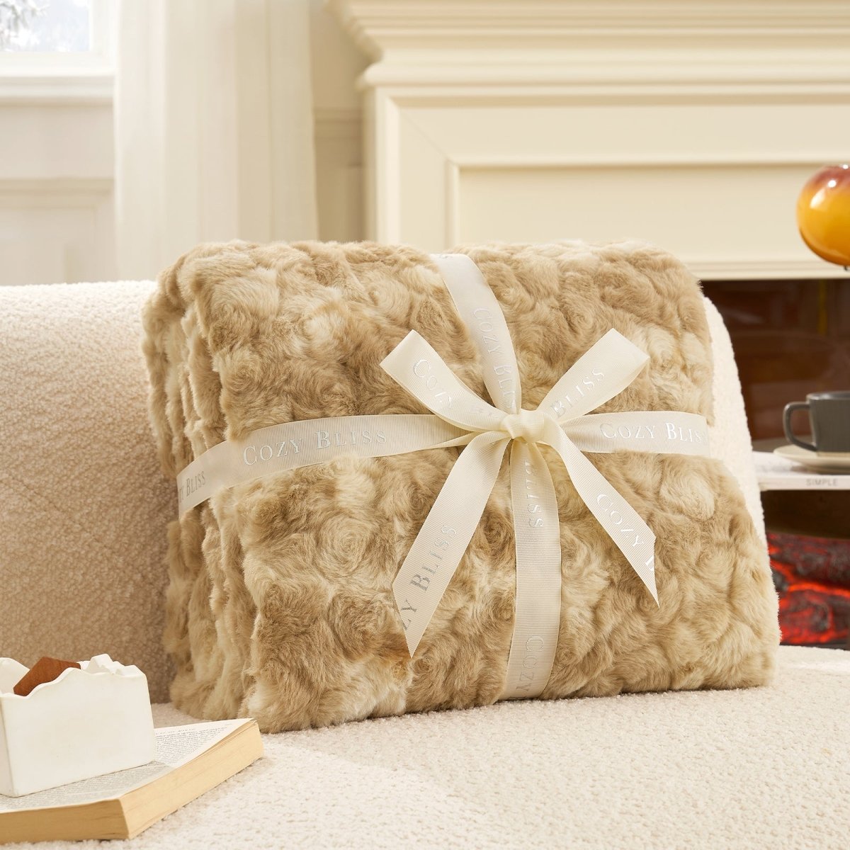 Gift-ready Cozy Bliss premium faux fur throw blanket wrapped with signature ribbon #color_Tie-dye Beige