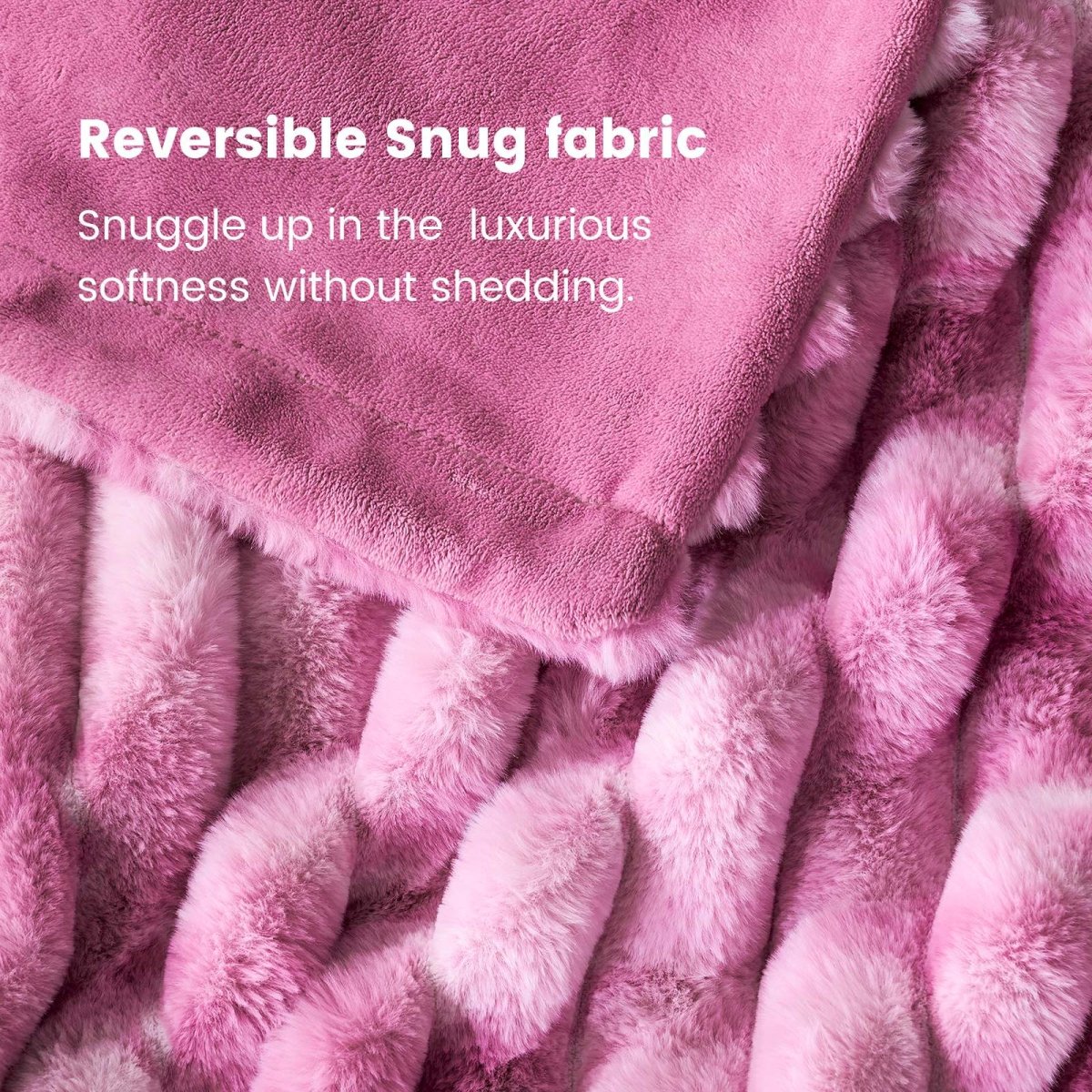 Close-up of Pink faux fur blanket, reversible snug fabric for cozy bedding. Luxurious and soft, with no shedding. #color_Tie-dye Pink