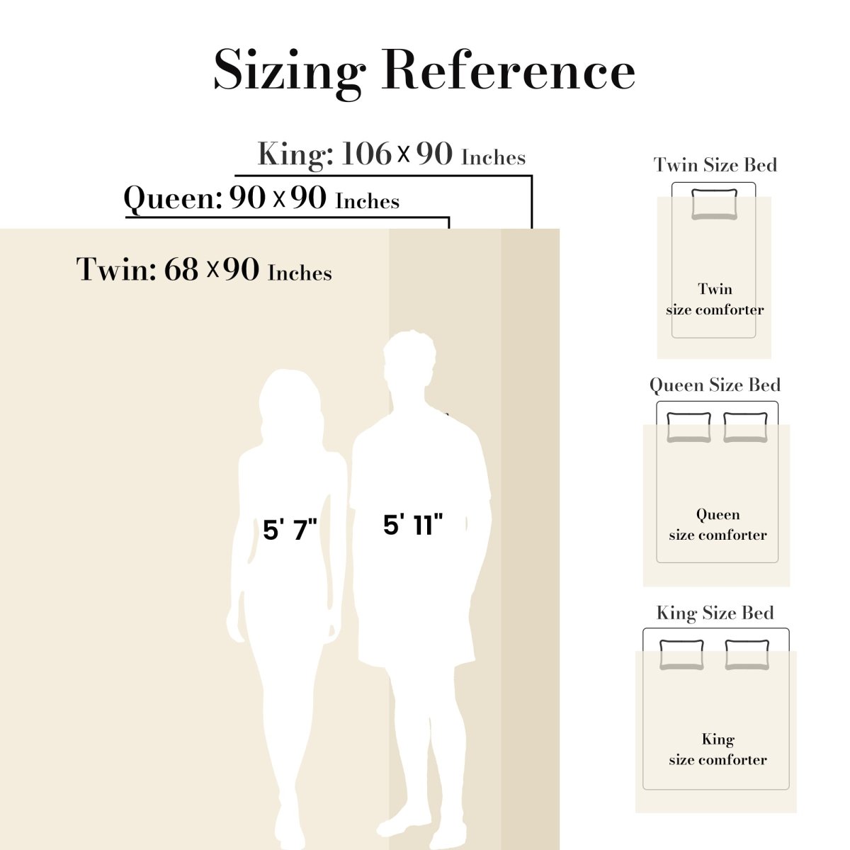 Diamond jacquard comforter sizing reference for Twin, Queen, and King size beds #color_Beige