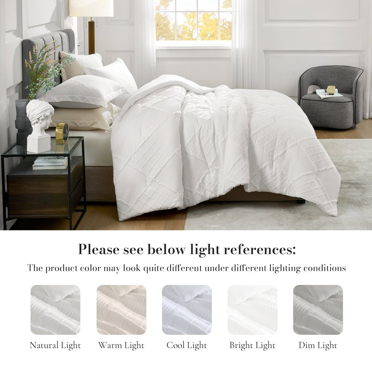 Diamond jacquard comforter set shown under different lighting conditions for color reference #color_Off White