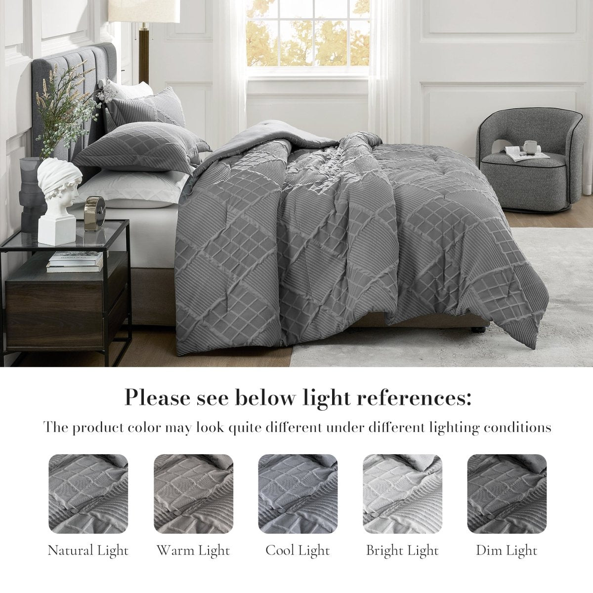 Diamond jacquard comforter set shown under different lighting conditions for color reference #color_Dark Grey